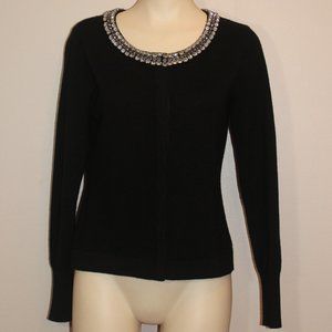 Elie Tahari Cashmere Black Cardigan crew neck with Crystal neck Decoratio size M